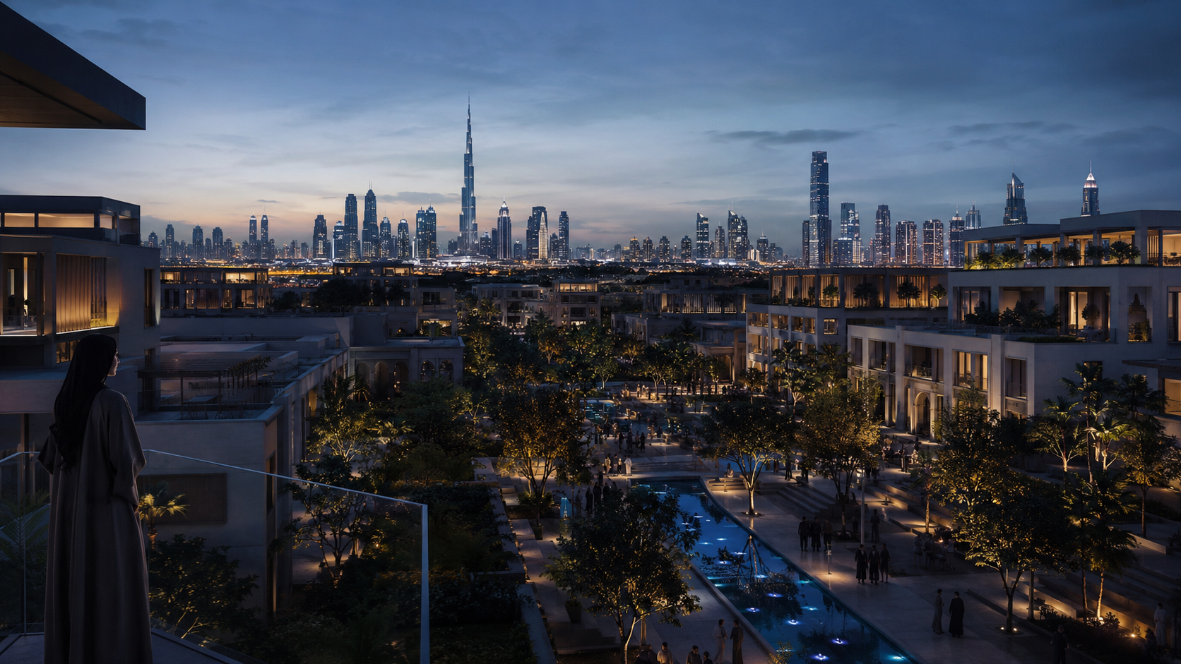 A human-centered future district in Dubai at blue hour