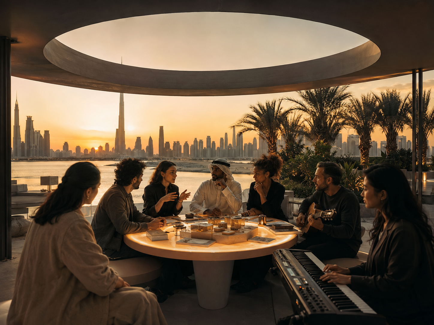 Creators gathering around a shared table in Dubai