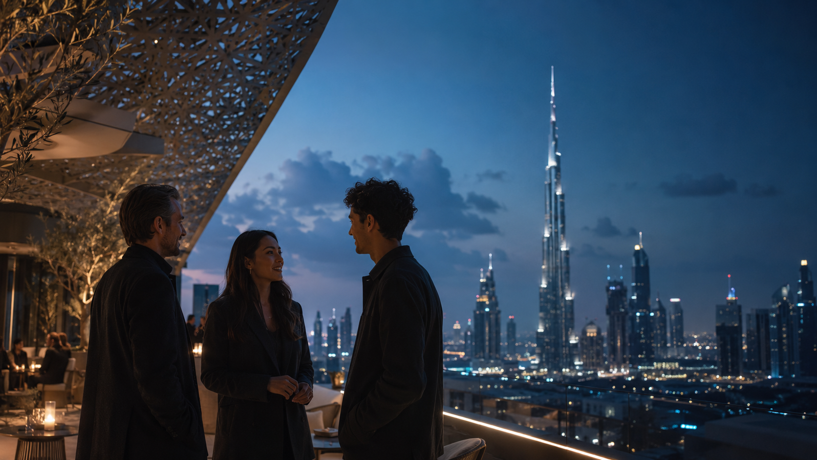 Three future Talent City founders meet on a Dubai terrace at blue hour